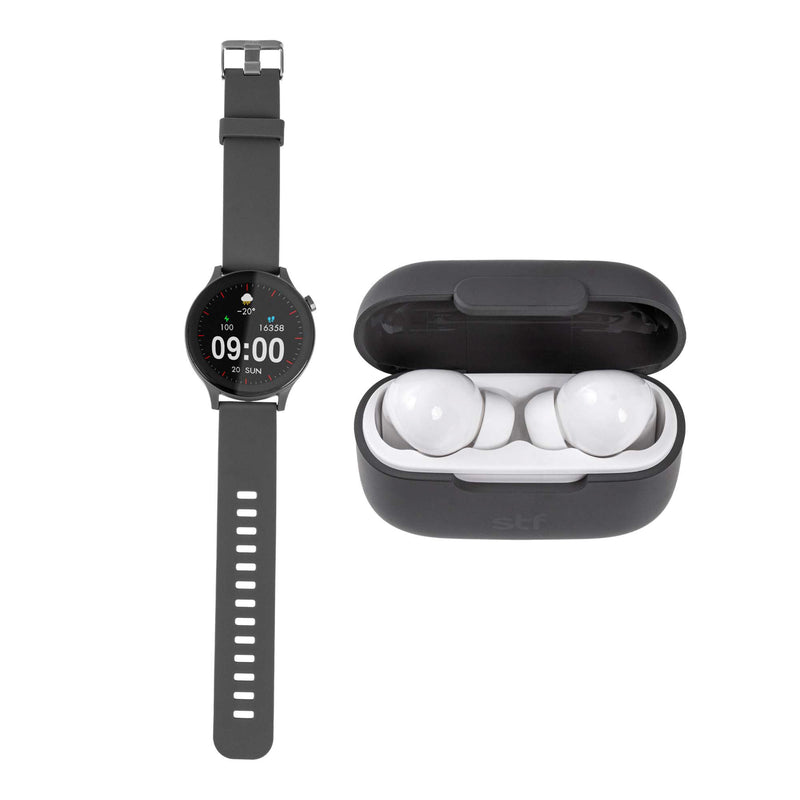 Smartwatch reloj inteligente | STF Kronos Sound Pack | Pantalla 1.38" + Audífonos True Wireless Grafito