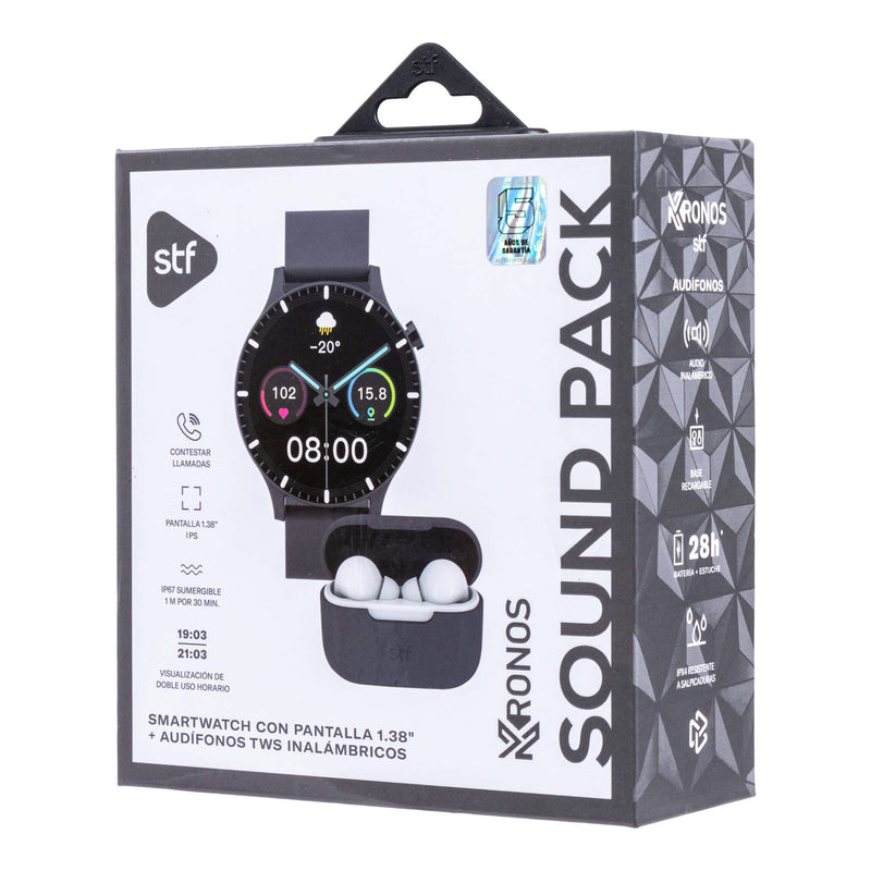 Smartwatch reloj inteligente | STF Kronos Sound Pack | Pantalla 1.38" + Audífonos True Wireless Grafito