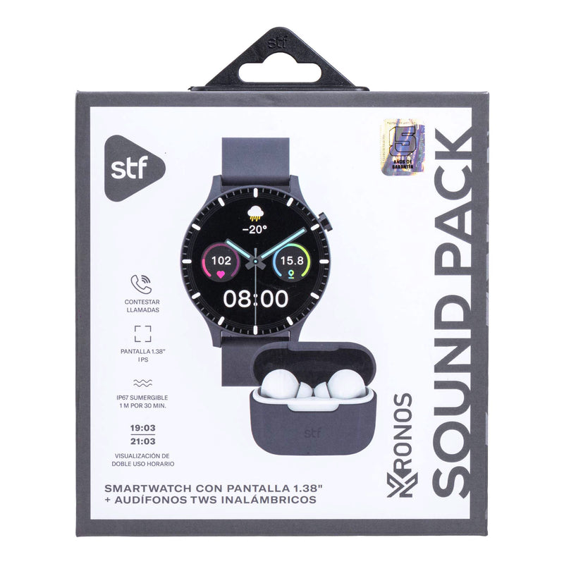 Smartwatch reloj inteligente | STF Kronos Sound Pack | Pantalla 1.38" + Audífonos True Wireless Grafito