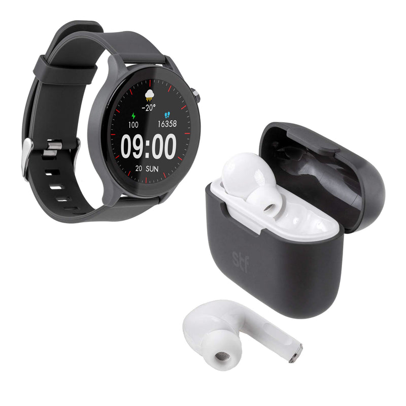 Smartwatch reloj inteligente | STF Kronos Sound Pack | Pantalla 1.38" + Audífonos True Wireless Grafito