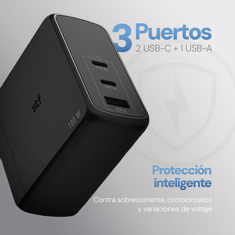 Cargador Pared GaN 100W 3 Puertos Tipo C Dual + USB Carga Ultra Rápida