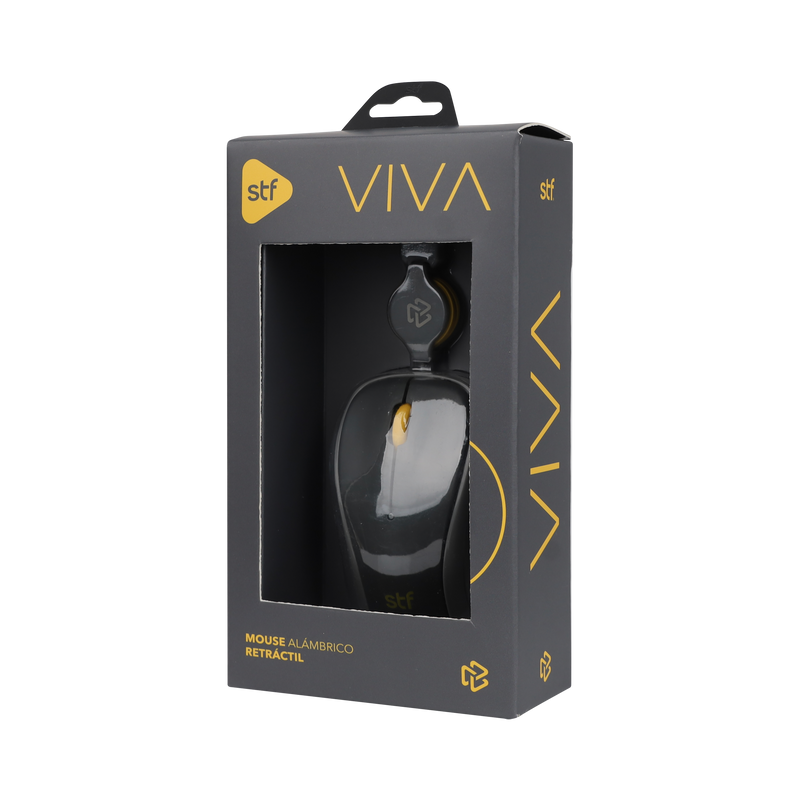 Mouse Alámbrico Retráctil STF VIVA: 1600 DPI, Ergonómico, USB, 80cm, Gris Grafito