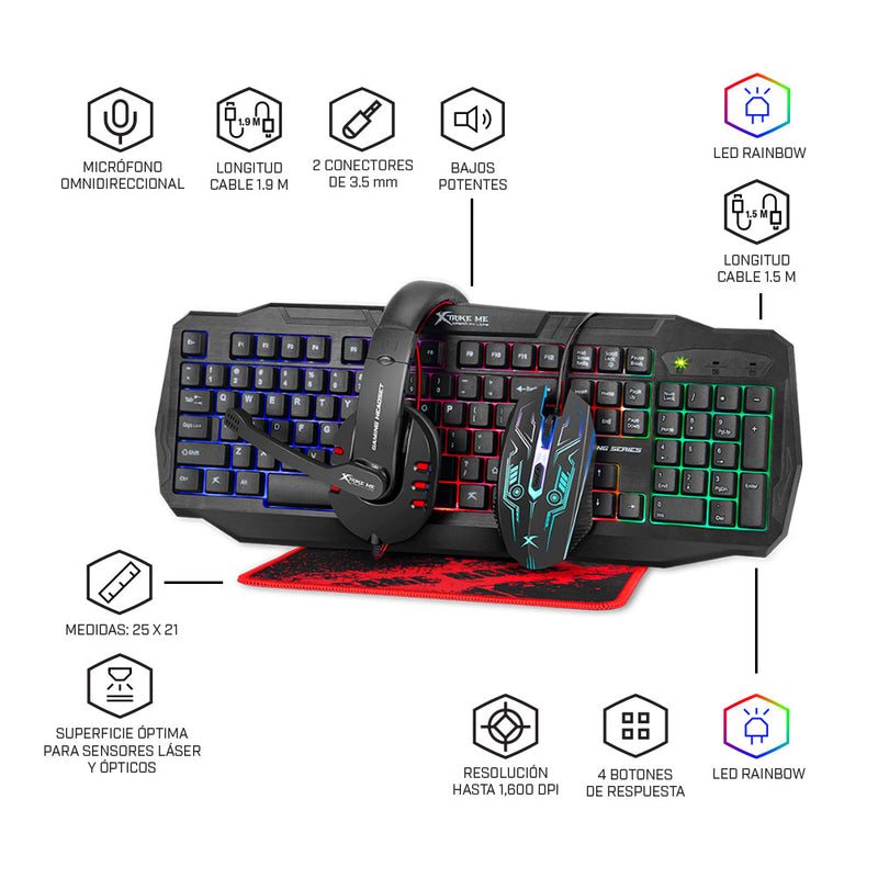 Kit Audífonos, mouse, teclado, mousepad gamer |XTRIKE ME CM-406 |combo gaming para computadora